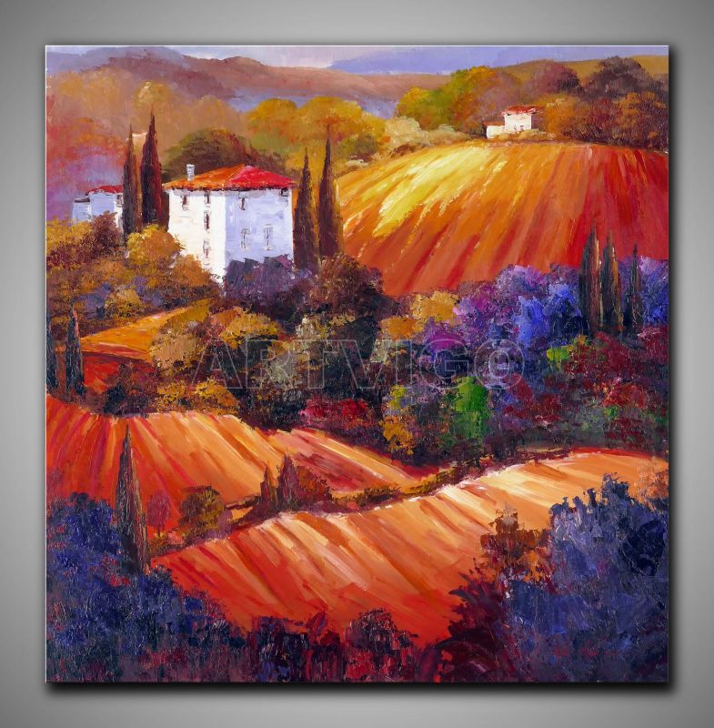 Warmes Bild. Landschaft mit Klatschmohn kleinen Häusern, dekoratives Gemälde, 60x90 cm