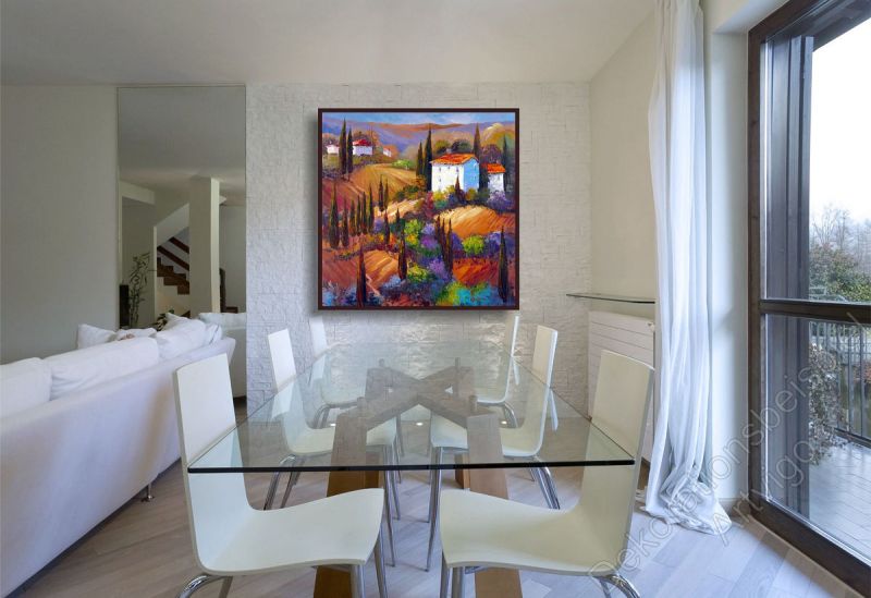 Esszimmer mit einem detailreichen, warmen Wandbild mit Italienischer Landschaft