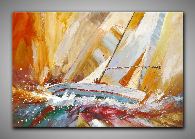 Helles, abstraktes Bild Segelboote kaufen. In Türkis, Weiß und blau gemalt. Quadrat, dekoratives Gemälde, 90x90 cm