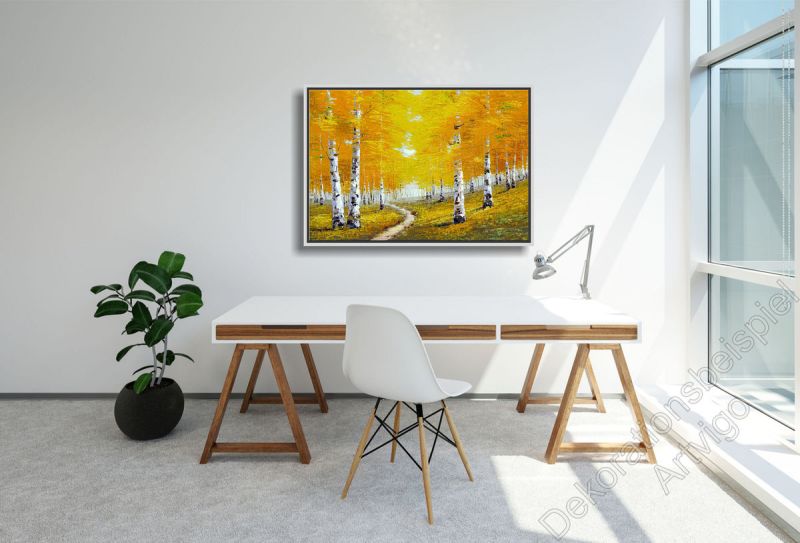 Stilvolles Homeoffice. Zur Dekoration hängt ein original Bild. Landschaft mit kräftigen Farben