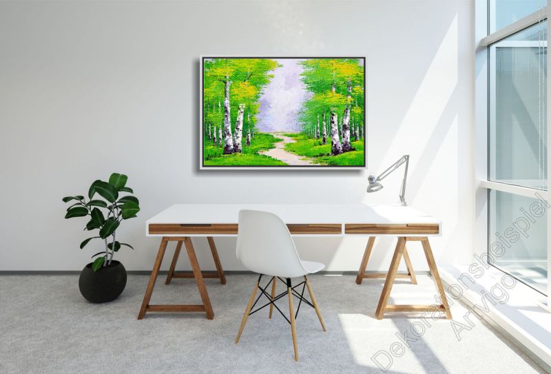 Stilvolles Homeoffice. Zur Dekoration hängt ein original Bild. Landschaft mit kräftigen Farben