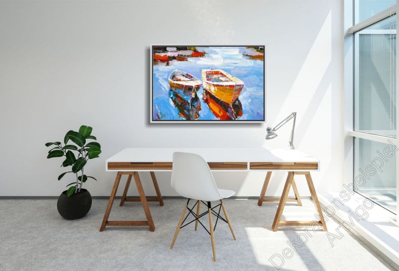 Arbeitszimmer mit einem abstrakten,  maritim gemalten Wandbild