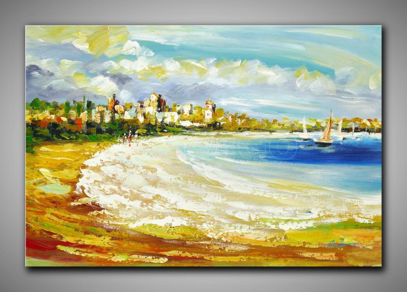 Echtes, abstraktes Ölgemälde mit Strand, Segelbooten und Skyline im Hintergrund