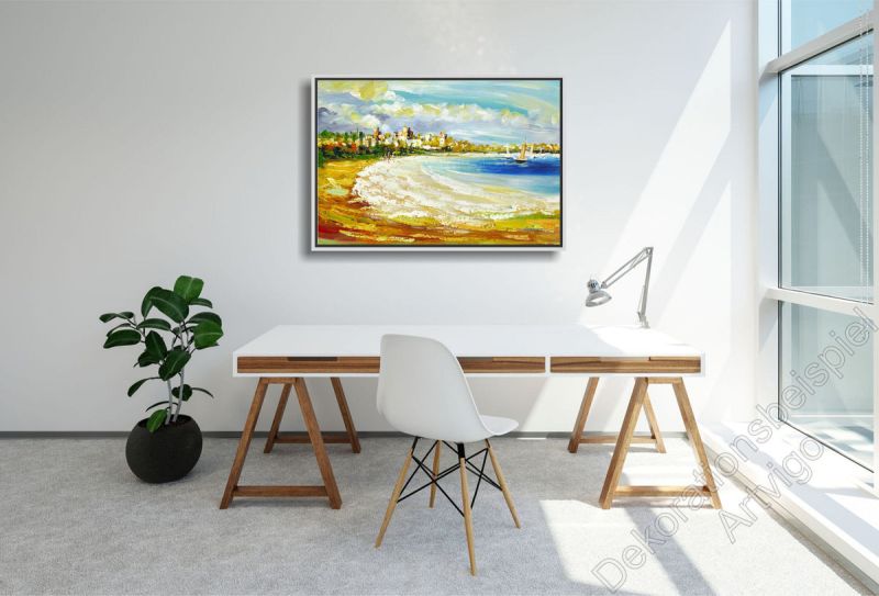 Arbeitszimmer mit einem abstrakten,  maritim gemalten Wandbild