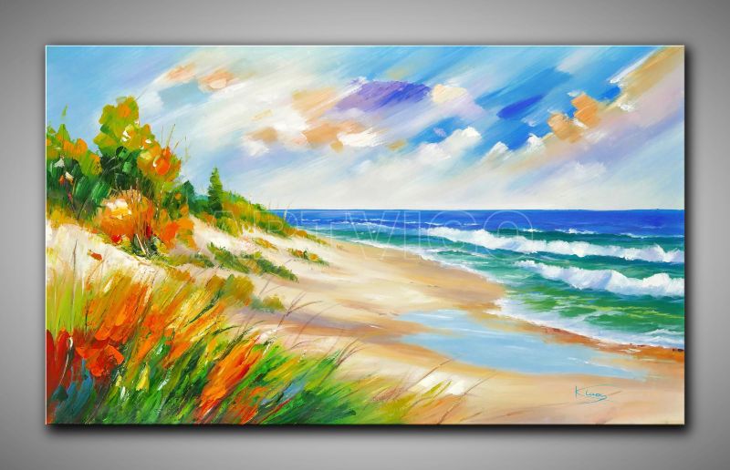 Ölgemälde von Raimund Klaas, abstrakter Strand mit Dünen, Meer und Himmel, Panorama 120 x 70