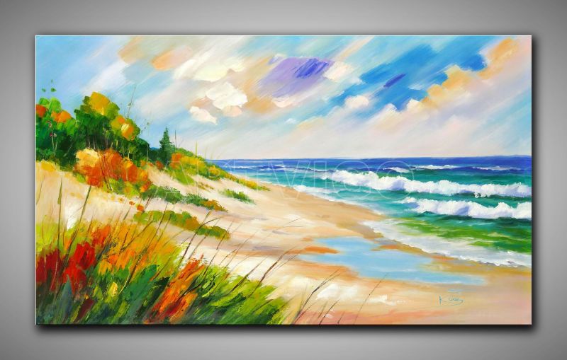 Ölgemälde von Raimund Klaas, abstrakter Strand mit Dünen, Meer und Himmel, Panorama 120 x 70