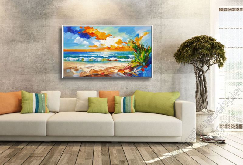 Sitzecke mit Vinylfussboden. Als Dekoration ein Strandgemälde. Küste im Bilderrahmen.