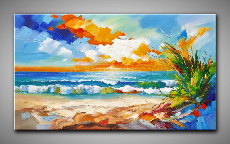 Ölgemälde von Raimund Klaas, abstrakter Strand mit Dünen, Meer und Himmel, Panorama 120 x 70