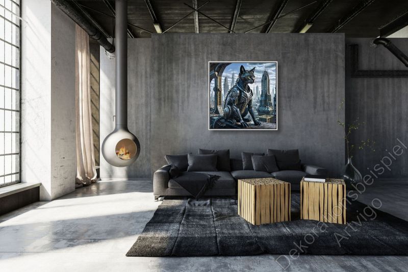 Wohnzimmer mit einem stimmungsvollen, düsteren Wandbild mit SF-Stadt im Schattenfugen Rahmen