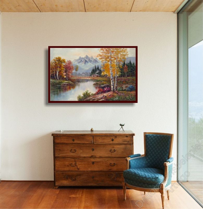 Stilvolle Wohnung. Zur Dekoration hängt ein original Bild. Landschaft mit kräftigen Farben