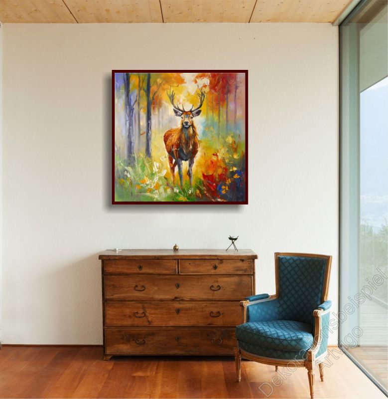 Helles Wohnzimmer mit Komode. An der Wand hängt ein Hirsch mit Geweih, modern gemalt.