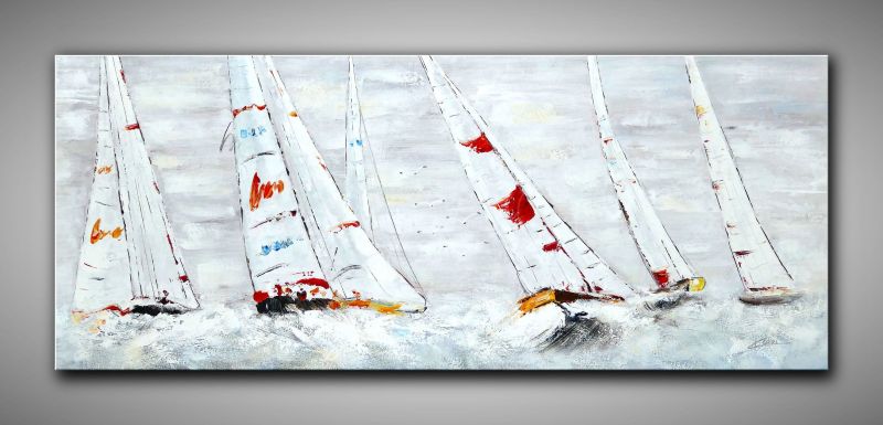 Helles, abstraktes Bild Segelboote kaufen. In Türkis, Weiß und blau gemalt. horizontal, dekoratives Gemälde, 60x150 cm