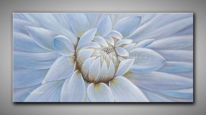 Großformatiges Ölgemälde weiße Dahlie Makroaufnahme 150x75 cm mit blauen und weißen Farbtönen