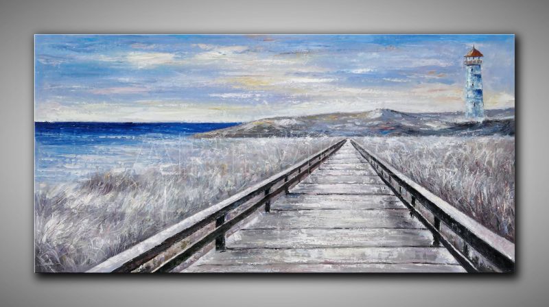 Großformatiges Ölgemälde Panorama mit Leuchtturm150x75 cm mit viel Struktur gemalt