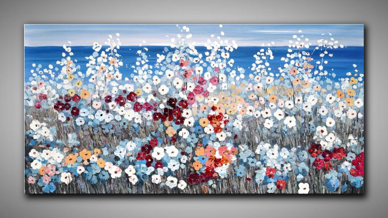 Großformatiges Ölgemälde farbenfrohes Blütenmeer 150x75 cm mit viel Struktur gemalt