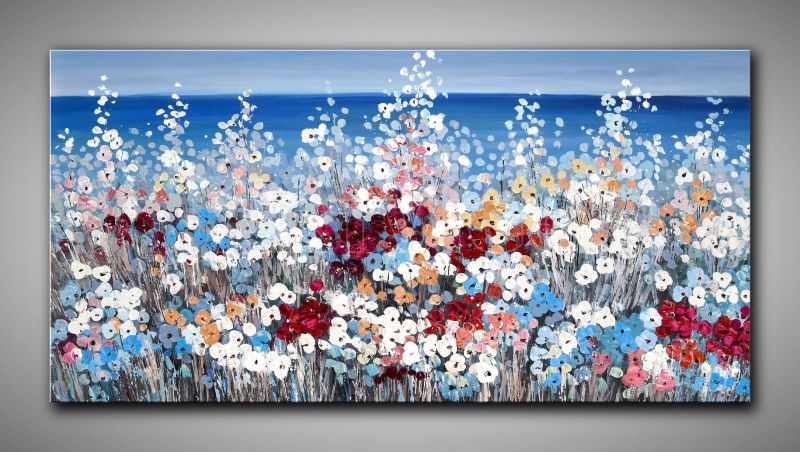 Großformatiges Ölgemälde farbenfrohes Blütenmeer 150x75 cm mit viel Struktur gemalt