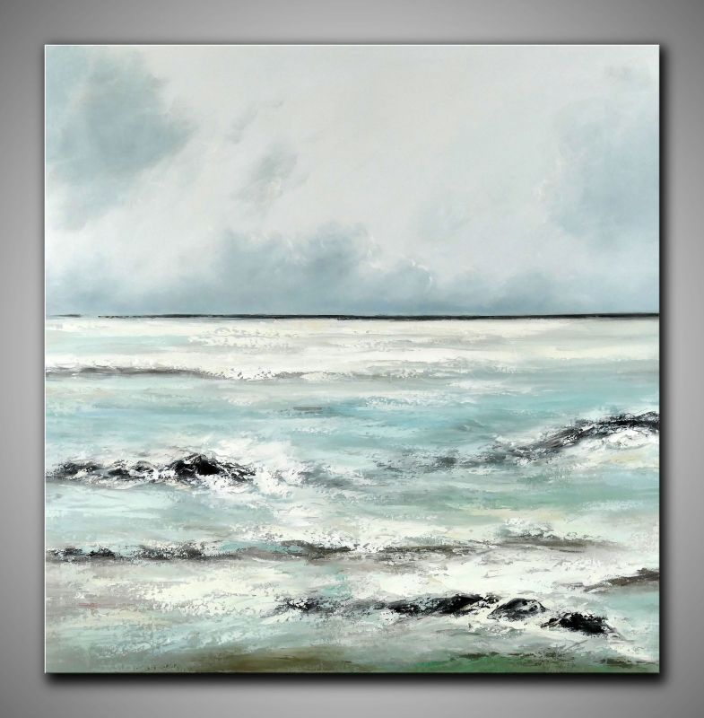 Helles, abstraktes Strandbild mit  Ruhe kaufen. In hellen und kühlen Fraben gemalt.