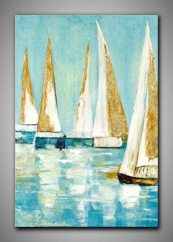Helles, abstraktes Bild Segelboote kaufen. In Türkis, Weiß und blau gemalt., dekoratives Gemälde, 60x90 cm
