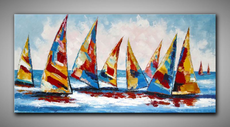 Helles, abstraktes Bild Segelboote kaufen. In Türkis, Weiß und blau gemalt. horizontal, dekoratives Gemälde, 60x150 cm