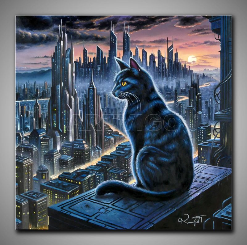 Stimmungsvolles, Science-Fiction Scene einer Cyberpunk Katze. In kühlen Farben gemalt.