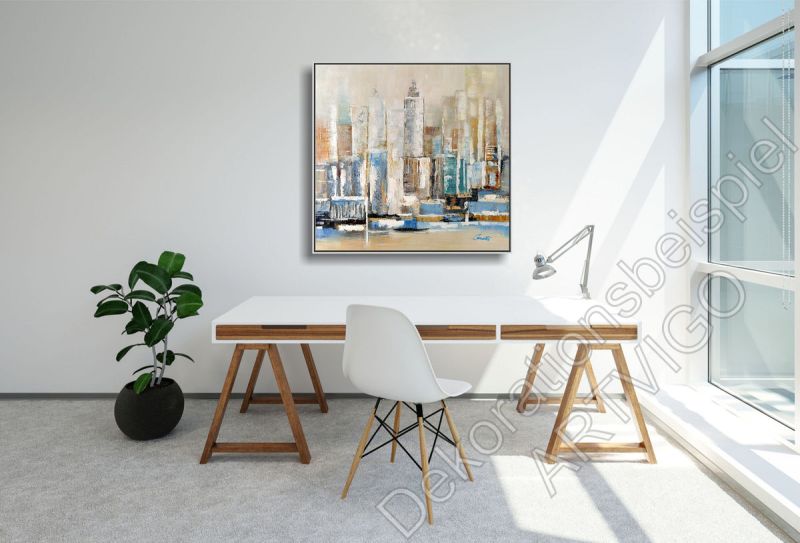 Dekoration Wohnung. Helle Wand mit einem echten Bild mit Häusern