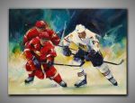 Sportliches Bild in kühlen Farben, Eishockeyspieler grob gemalt