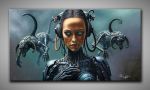 Stimmungsvolles, Science-Fiction Scene einer Cyberpunk Lady. In kühlen Farben gemalt.